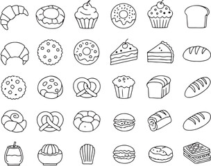 Bakery and Dessert Icons Pack, Pastry and Baked Goods Vector Set, Croissant, Muffin, Cupcake, Cookie, Pretzel, Donut, Cake Slice, Bread Loaf, Macaron, Waffle