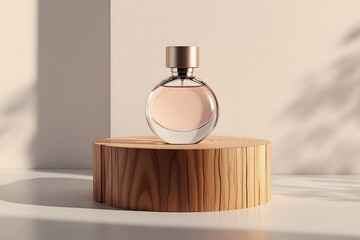 Perfume Bottle Displayed on Wooden Stand in Studio Setting