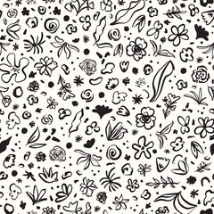Monochrome, hand drawn botanical elements seamless repeat pattern. Random placed, vector flowers, leaves, herbs, grass, dots all over surface print in black and white.