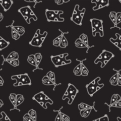 Monochrome, hand drawn butterflies and bears seamless repeat pattern. Random placed, doodled cartoon drawing, vector aop all over surface print in black and white.