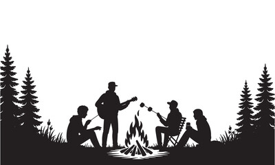 Silhouette of friends gathered around a campfire playing guitar and roasting marshmallows