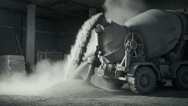 Concrete mixer truck unloading cement in a dusty construction site with industrial equipment