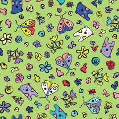 Cute, doodled seamless repeat pattern. Random placed, vector, hand drawn, butterflies, bear and flowers aop, all over surface print on green background.