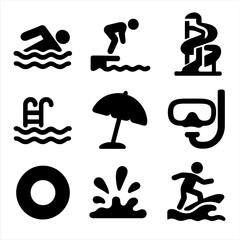 Swimming Outdoor Icons. Solid style icons of swimming and recreation: swimmer, diving board, water slide, swimming pool, beach