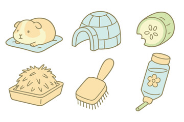 Cute cartoon icons of guinea pigs and accessories: cozy blanket, hideout, cucumber, hay tray, grooming brush, and water bottle. Pastel tones, no background.