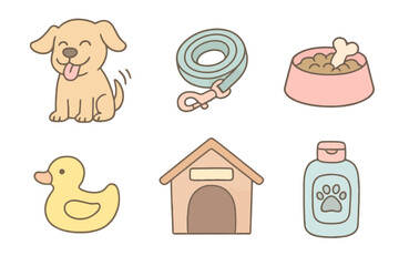 Cute hand-drawn icons themed around dogs and pet care. Includes dog and related items. Soft cartoon pastel style with no background, ideal for UI or stock.