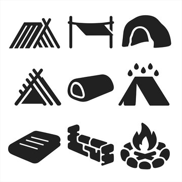 Survival Shelter Icons. Solid style icons of bug-out and wilderness shelters: lean-to shelter, tarp over rope, natural cave