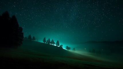 Naklejka premium Starry night landscape sparkles in teal light. Use for serene backgrounds, travel marketing, nature editorials, or peaceful design elements.