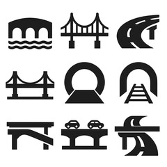 Fototapeta premium Bridge and Tunnel Icons. Solid style icons of bridges and tunnels: arched bridge, suspension bridge, elevated road, bridge with