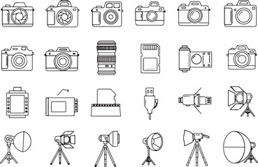Camera Equipment Icons Pack, Photography and Videography Gear Vector Set, DSLR, Tripod, Flash, Lens, Battery, Cable, Studio Light, Reflector, USB, Memory Card