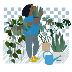 Beautiful young woman watering houseplants. Caring for indoor plants. Hobby. Vector illustration in flat style