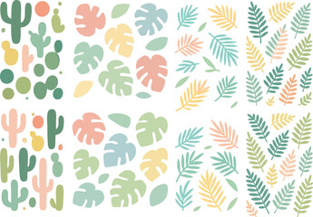 Pastel Cactus and Tropical Leaf Collection: Cute Hand-Drawn Illustrations.