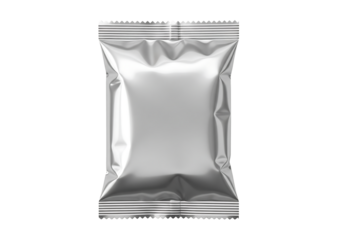 Shiny silver foil food pouch or sachet for coffee or snacks, mockup. Isolated on transparent background, png