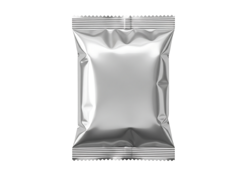 Shiny silver foil food pouch or sachet for coffee or snacks, mockup. Isolated on transparent background, png
