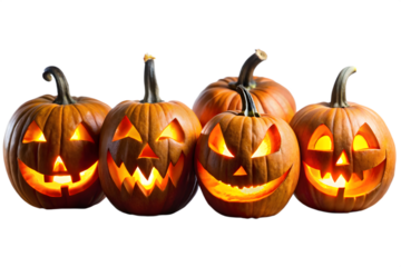 Five carved jackolanterns with menacing illuminated faces are arranged closely together on a clean white backdrop isolated