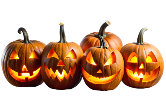 Five carved jackolanterns with menacing illuminated faces are arranged closely together on a clean white backdrop isolated