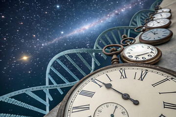 A series of vintage pocket watches are placed along a winding blue dna helix against