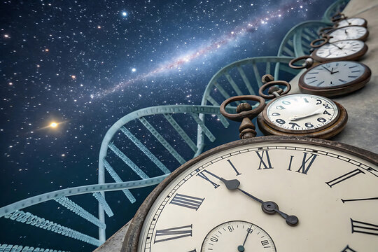 A series of vintage pocket watches are placed along a winding blue dna helix against