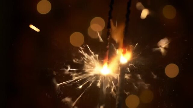 Sparklers burning brightly in the dark with bokeh lights