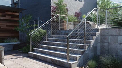 Brightly lit outdoor staircase with modern railings leading to a lush garden area.