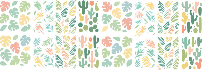 Fototapeta premium A cheerful pattern of stylized cacti and tropical leaves in pastel colors.