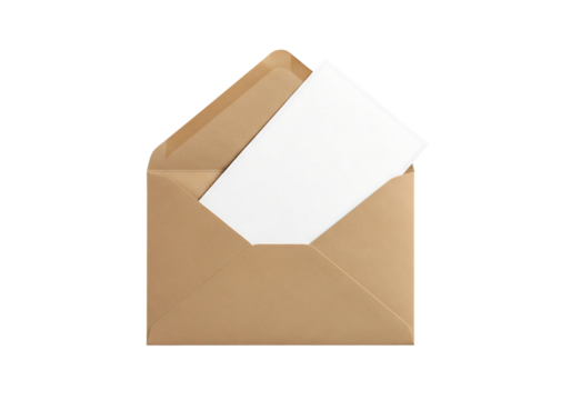 Brown kraft paper envelope with a blank white card inside for mockup. Isolated on transparent background, png