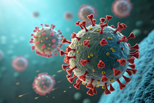 A detailed 3d rendering of a coronavirus particle with red spike proteins against a - Powered by Adobe