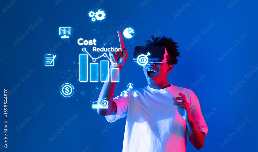 Poster explore the integration of advanced technology in cost reduction and financial management, showcasin