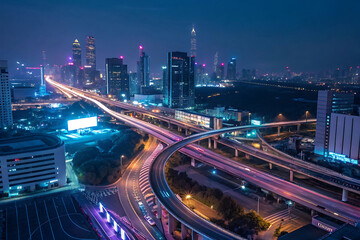 Fototapeta premium An aerial view of a bustling city highway at night illuminated by vibrant traffic