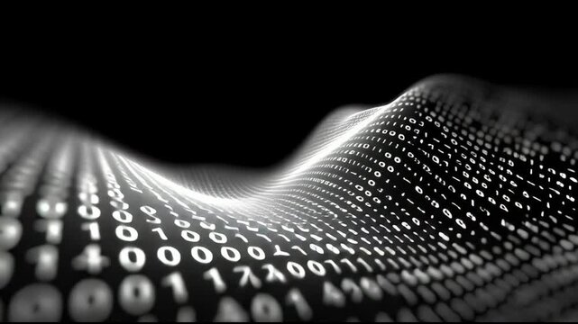 Digital Waves of Binary Code on Undulating Surface in Motion