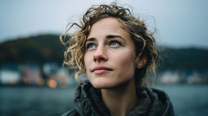 Young Woman Looking Up Thoughtfully Outdoors Near Water With Blurred Background of Nature and Distant Houses