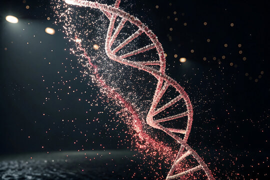 A glowing pink double helix dna strand is shown with particles floating around it in - Powered by Adobe