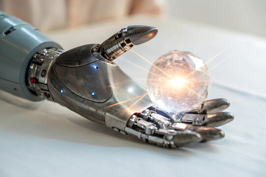 A detailed robotic hand gently holds a glowing crystal ball representing