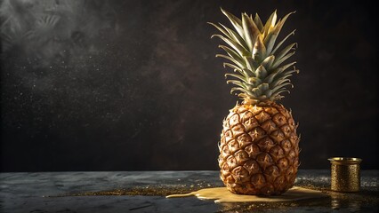 Whole pineapple with golden glaze and shimmering liquid