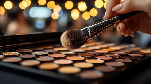 Close-up of a hand holding a makeup brush over an eyeshadow palette.