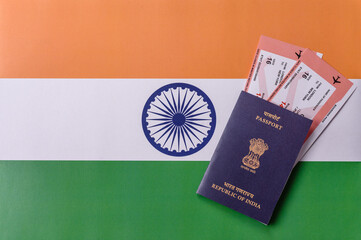 Indian passport and tickets for travelling, flying and doing business. India document, id