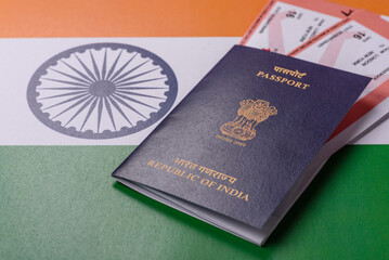 Indian passport and tickets for travelling, flying and doing business. India document, id