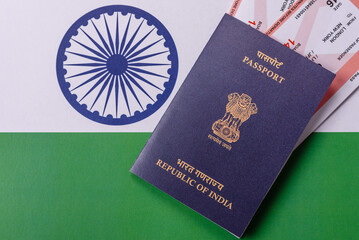 Indian passport and tickets for travelling, flying and doing business. India document, id