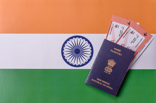 Indian passport and tickets for travelling, flying and doing business. India document, id