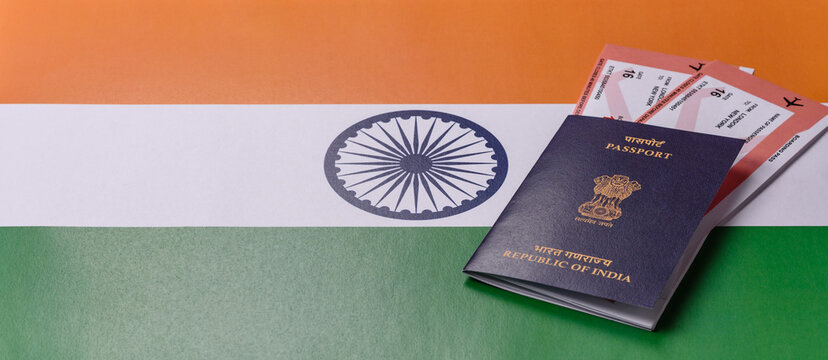 Indian passport and tickets for travelling, flying and doing business. India document, id