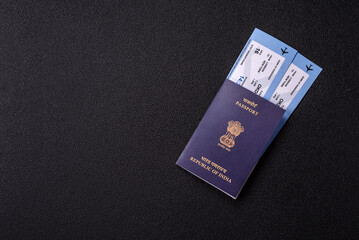 Indian passport and tickets for travelling, flying and doing business. India document, id