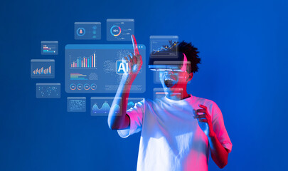 A person engages with virtual reality tools, exploring artificial intelligence and data analytics, showcasing innovative techniques in prompt engineering and natural language processing. XDMCP