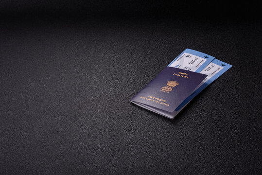 Indian passport and tickets for travelling, flying and doing business. India document, id