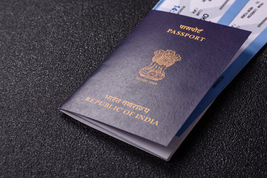 Indian passport and tickets for travelling, flying and doing business. India document, id