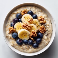 Healthy bowl of oatmeal topped with fresh blueberries sliced bananas and walnuts isolated on white background