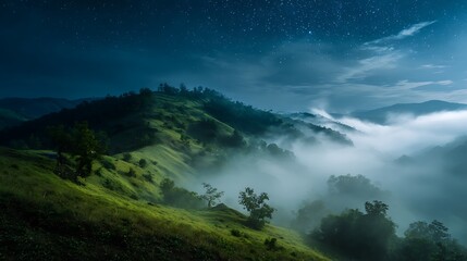 Starry Night Shrouds Foggy Mountain Landscape. Serene nature scene, night photography, dreamlike setting. Ideal for travel marketing, web design, editorial use.