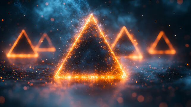 Glowing Neon Triangles in Mystical Smoke and Sparks