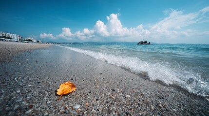 Yellow Leaf on a Pebbled Shoreline With Gentle Ocean Waves and Bright Cloudy Sky, Symbol of Seasonal Change and Tranquility
