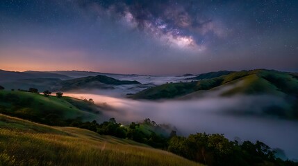 Milky Way shines over misty hills. Dramatic night landscape. For web, marketing, or design.