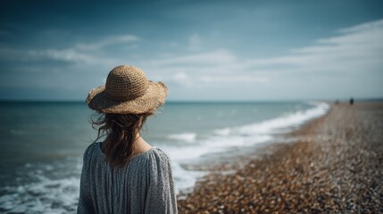 Woman in Straw Hat Standing on Pebble Shoreline and Looking at the Ocean Under a Cloudy Sky, Peaceful and Reflective Mood